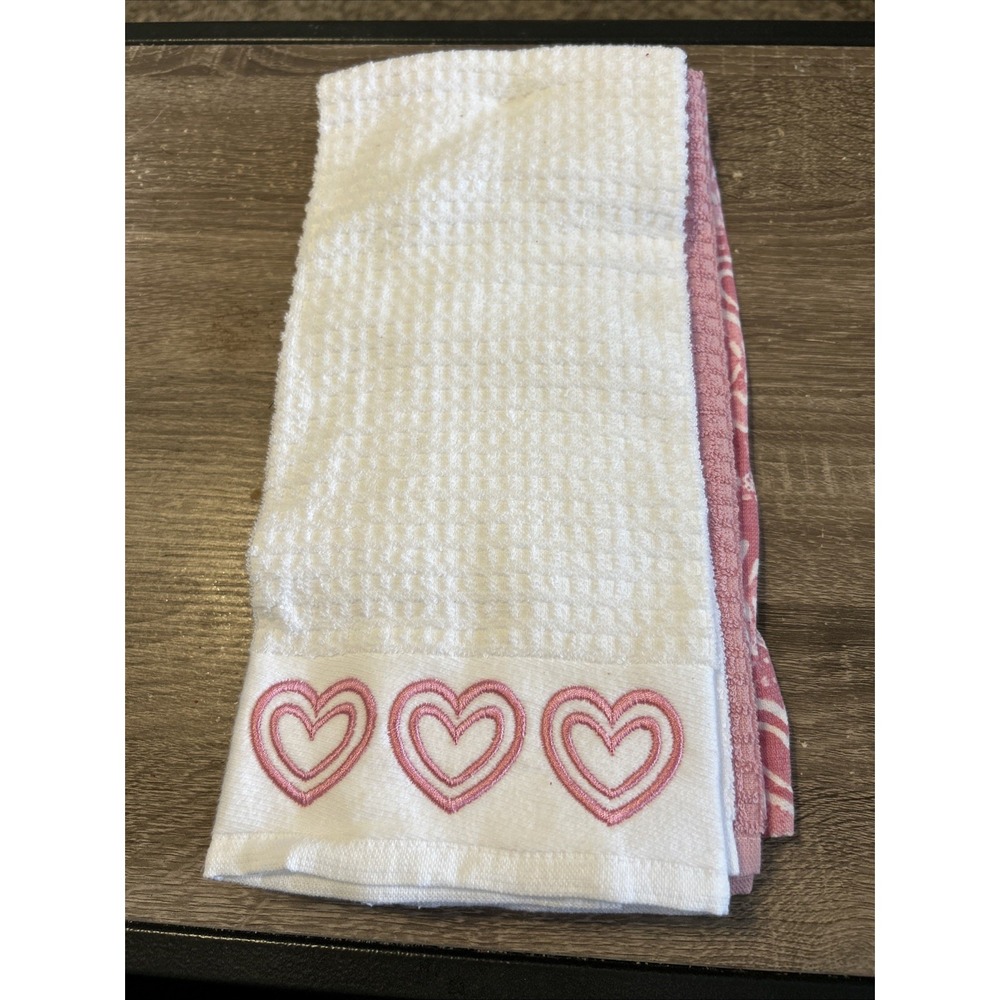 Set of 3 Deborah Connolly Hand Towels Valentine Pink White Embroidered Hearts
